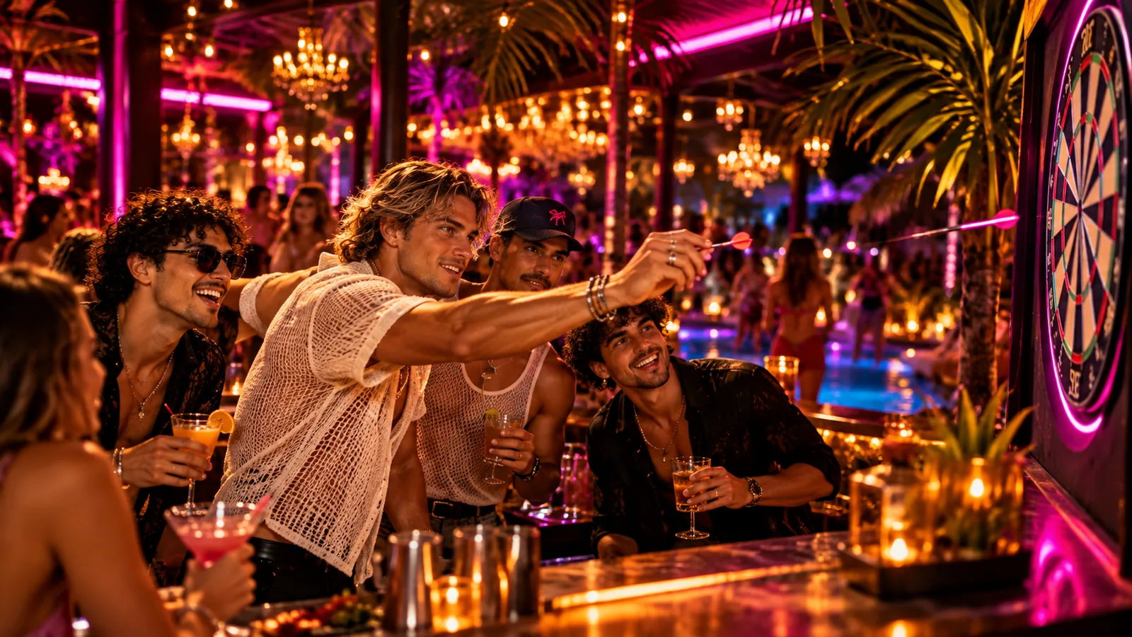 Guests playing darts and drinking at a nightlife bar