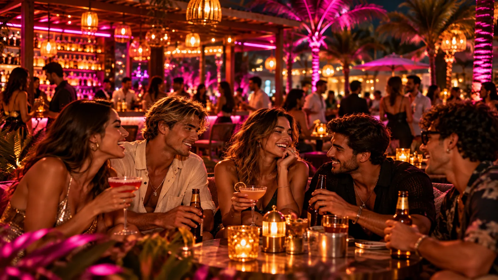 Guests enjoying cocktails on the Bar1 patio at night