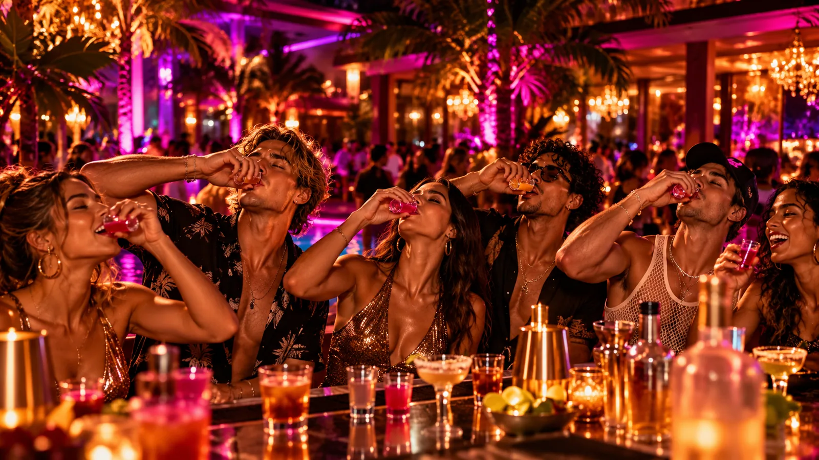 Friends taking signature shots together at the bar