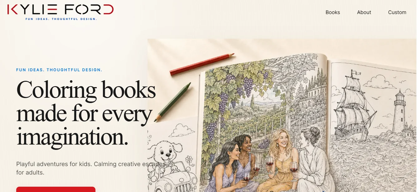 Actual Kylie Ford website hero showing illustrated coloring books and the studio brand