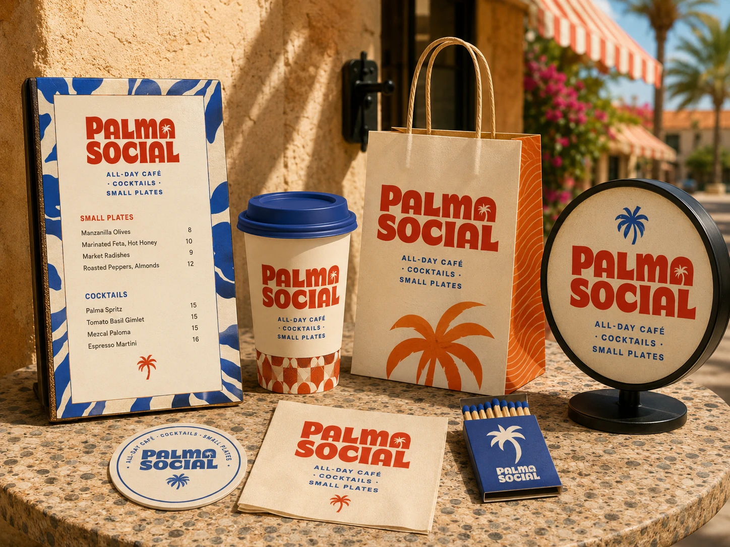 PALMA SOCIAL menus, cups, bags, coasters and signage