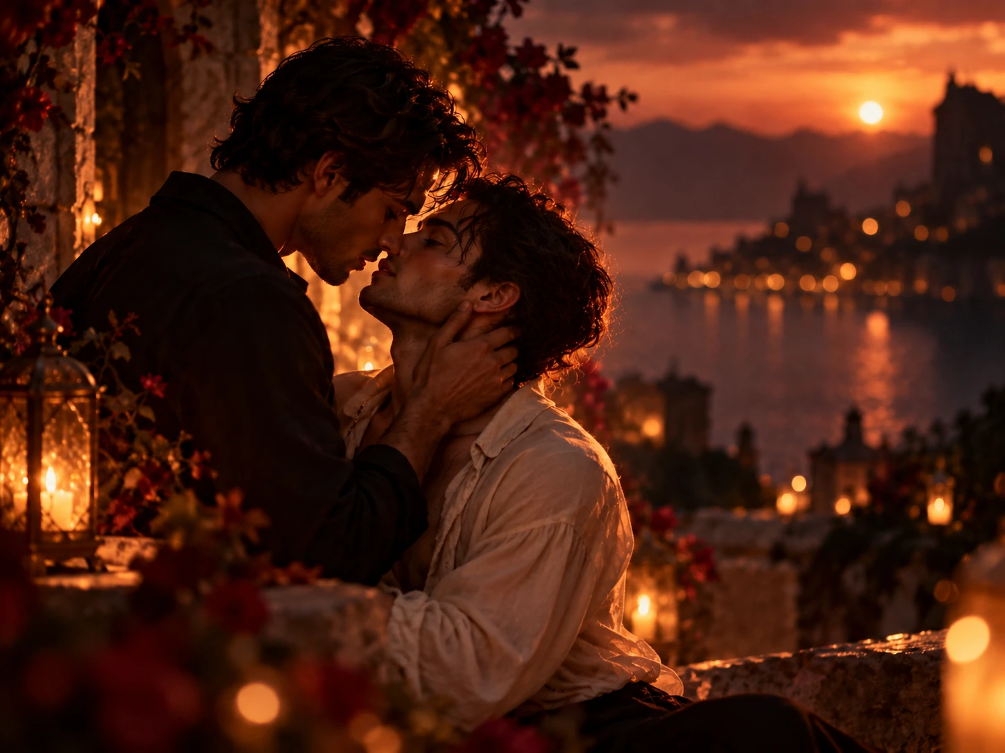 Two men embracing at sunset beside a lake