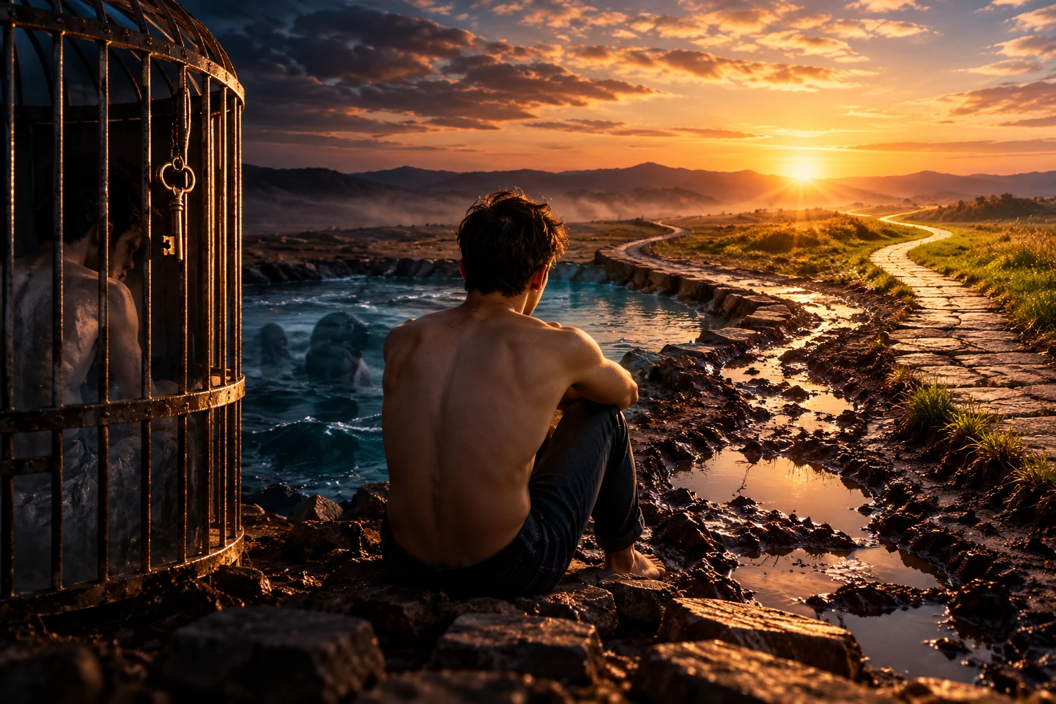 A person overlooking the ocean at sunset from a rocky shoreline