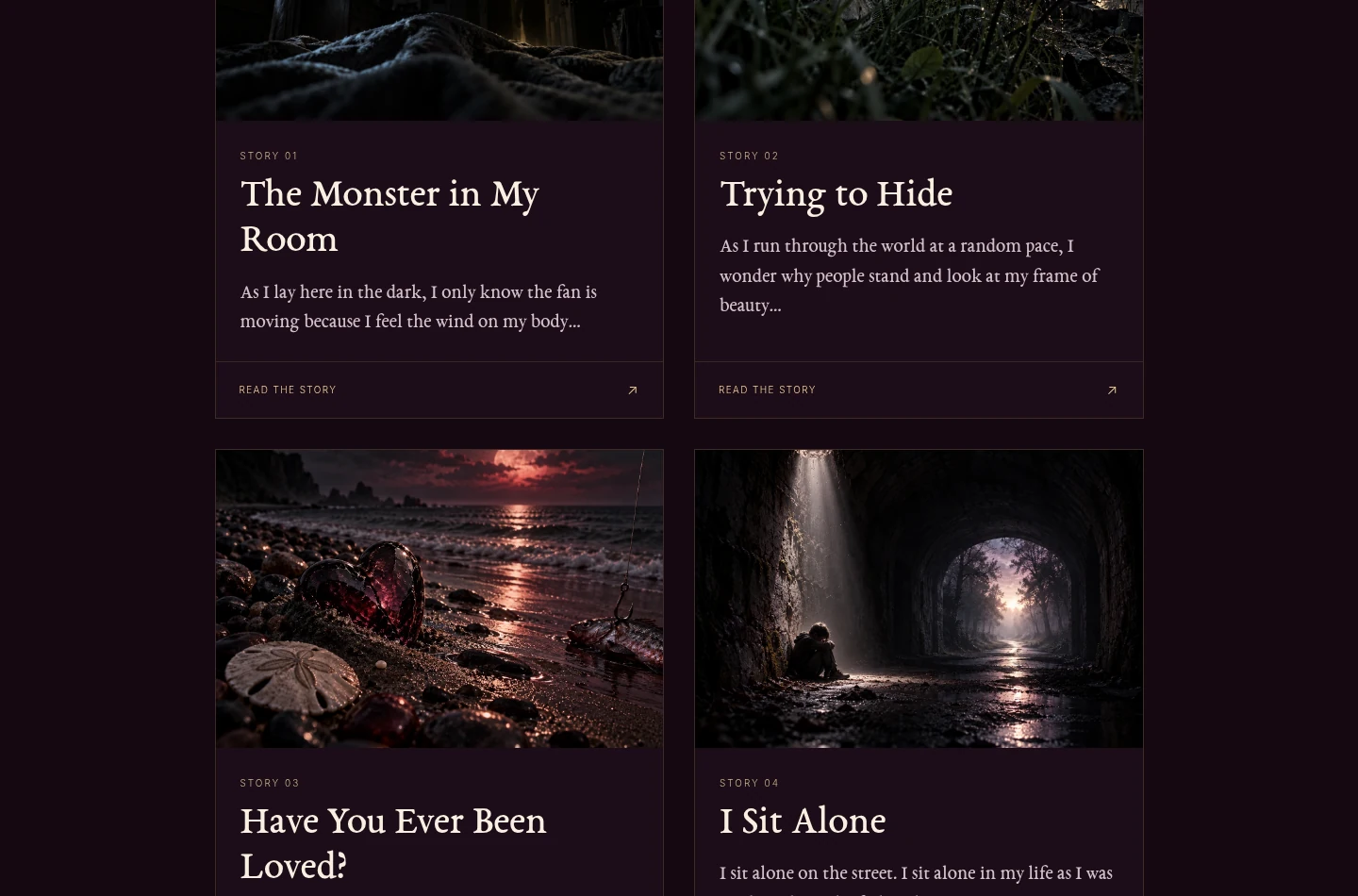 Full-width screenshot of the actual Tosh Ford story collection website