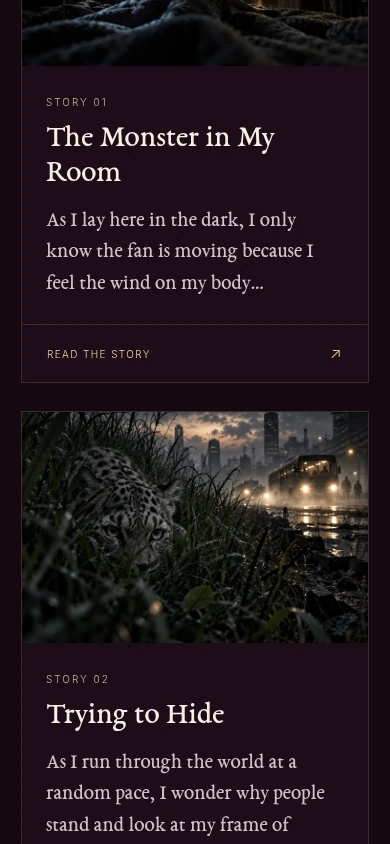 Actual responsive Tosh Ford story gallery, showing original stories in a single-column mobile layout